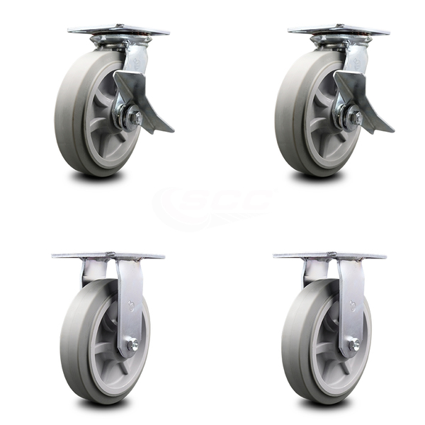 Service Caster 8 Inch Thermoplastic Caster Set with Ball Bearing 2 Brakes and 2 Rigid SCC SCC-35S820-TPRBF-SLB-2-R-2